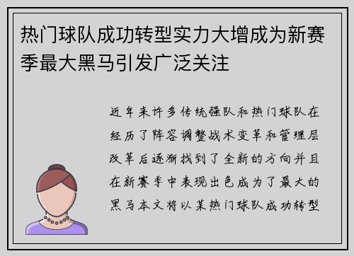 热门球队成功转型实力大增成为新赛季最大黑马引发广泛关注