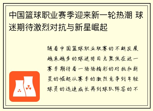 中国篮球职业赛季迎来新一轮热潮 球迷期待激烈对抗与新星崛起